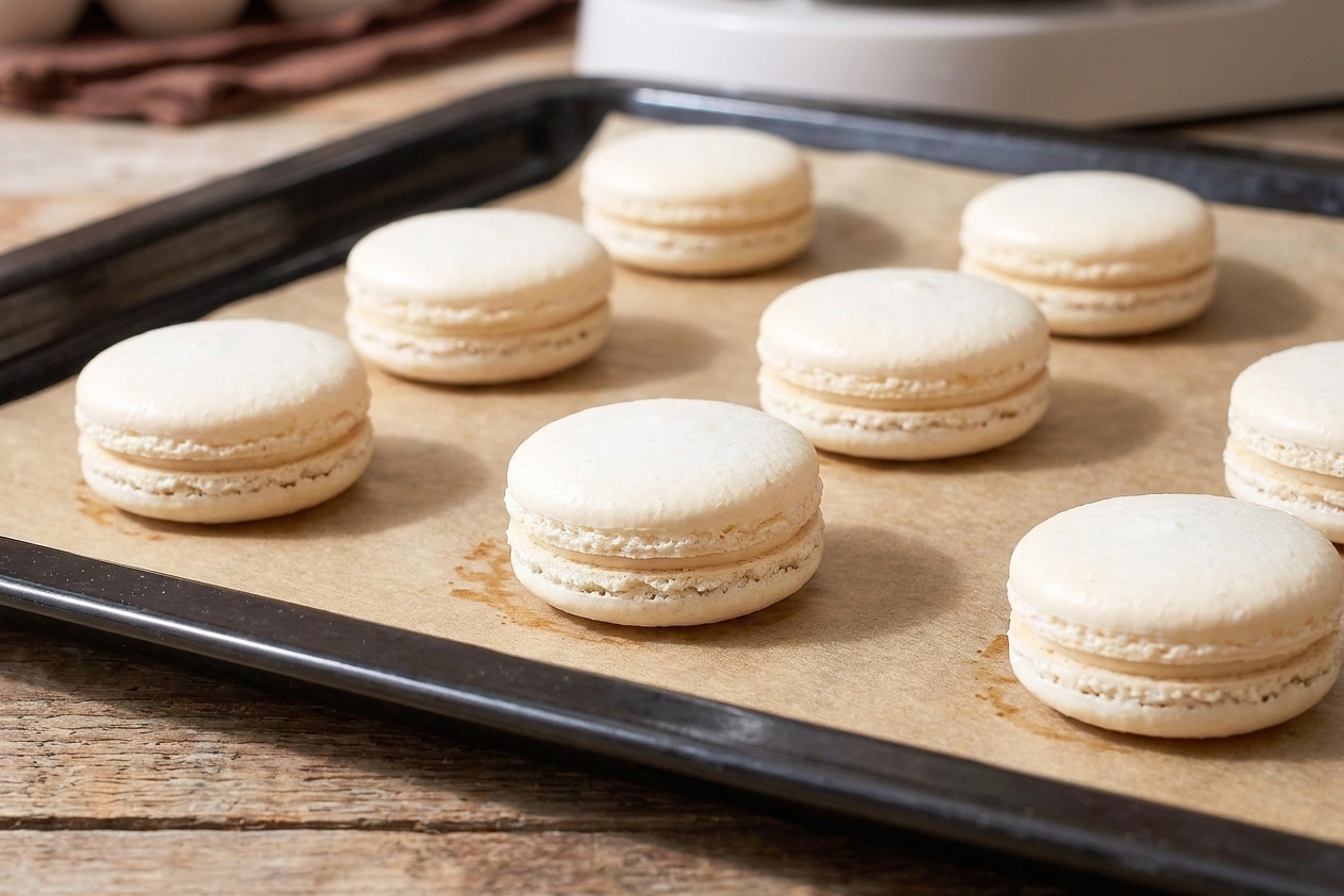 Close view of baked macaron shells showing ruffled feet on a parchment-lined tray