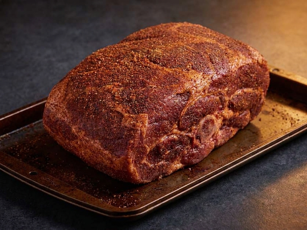 Closeup of a pork shoulder evenly coated in a dark red-brown spice rub on a sheet pan