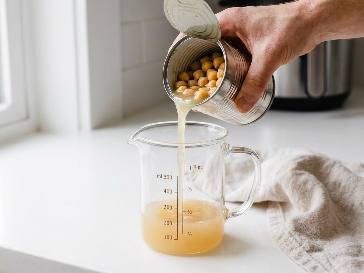 Closeup of aquafaba being poured into a measuring cup on a kitchen counter, with a can of chickpeas nearby