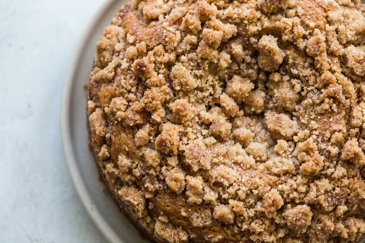Closeup of baked streusel on top of a coffee cake, showing golden crumbs and crisp edges