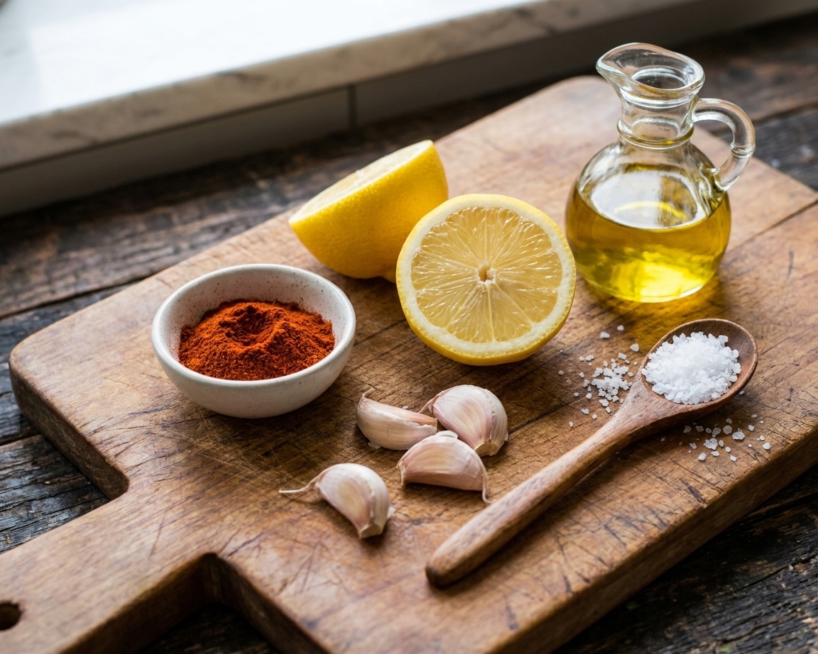 Closeup of smoked paprika, lemon halves, peeled garlic clove, olive oil, and a spoon of salt arranged on a wooden cutting board