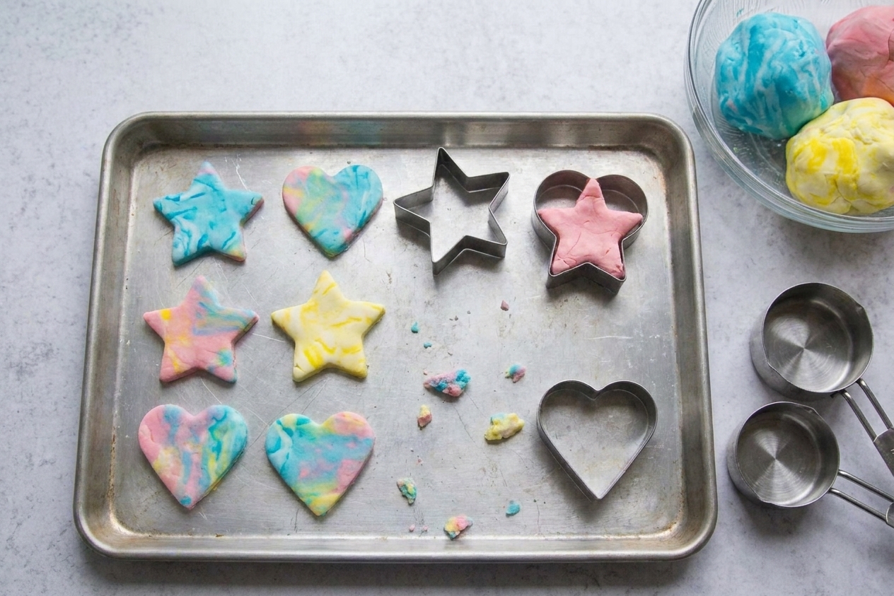 Cloud dough pressed into simple star and heart cookie cutters on a rimmed baking sheet with a few loose crumbs