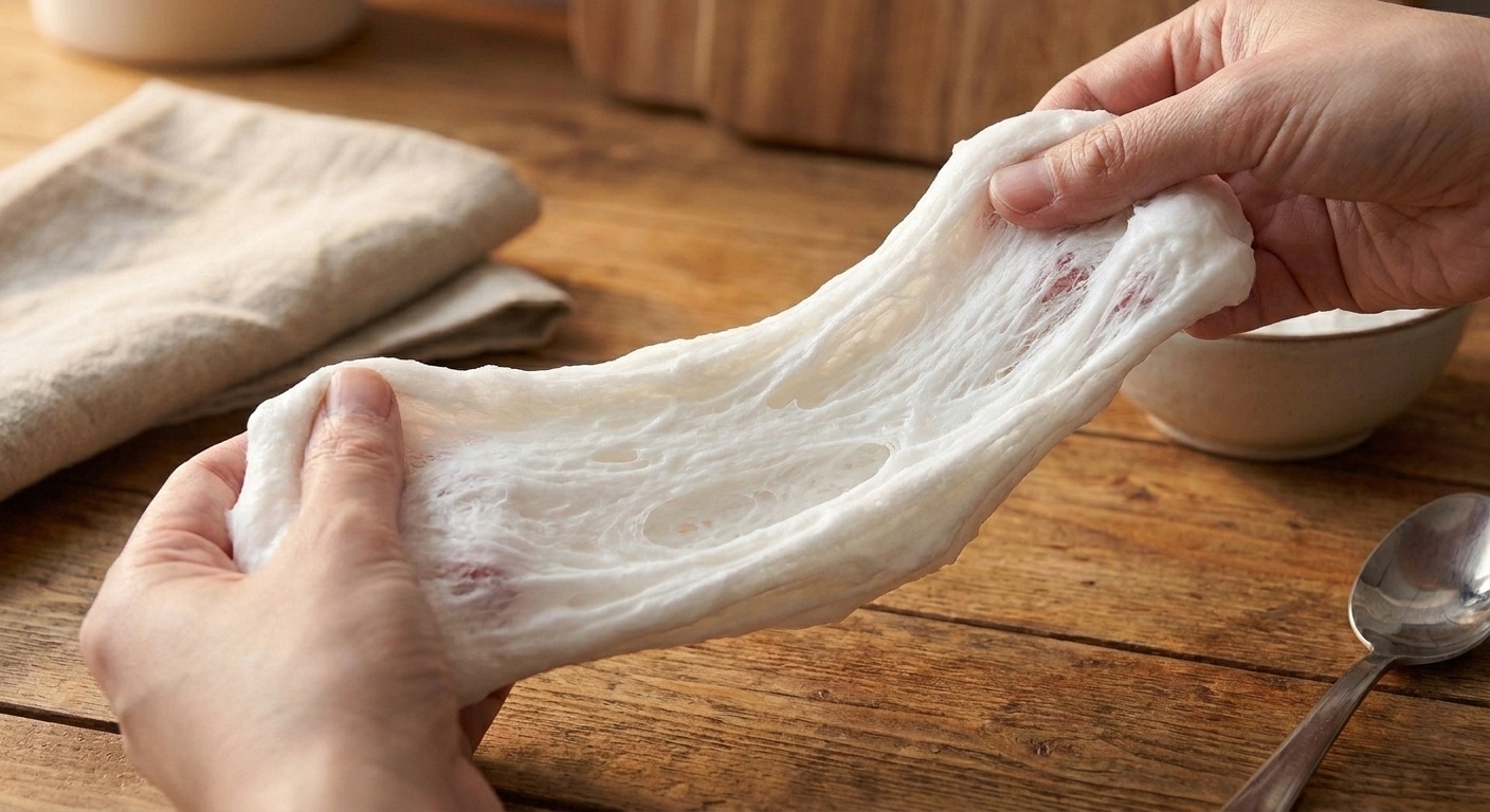 Cloud slime being stretched to show a fluffy, slightly fibrous texture on a clean kitchen counter