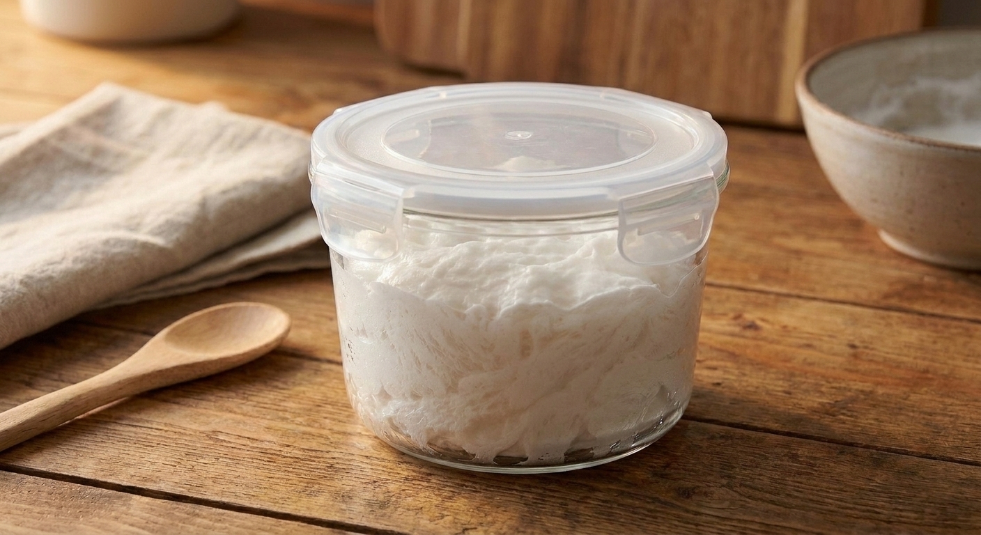 Cloud slime resting in a clear airtight container with a tight lid on a kitchen counter