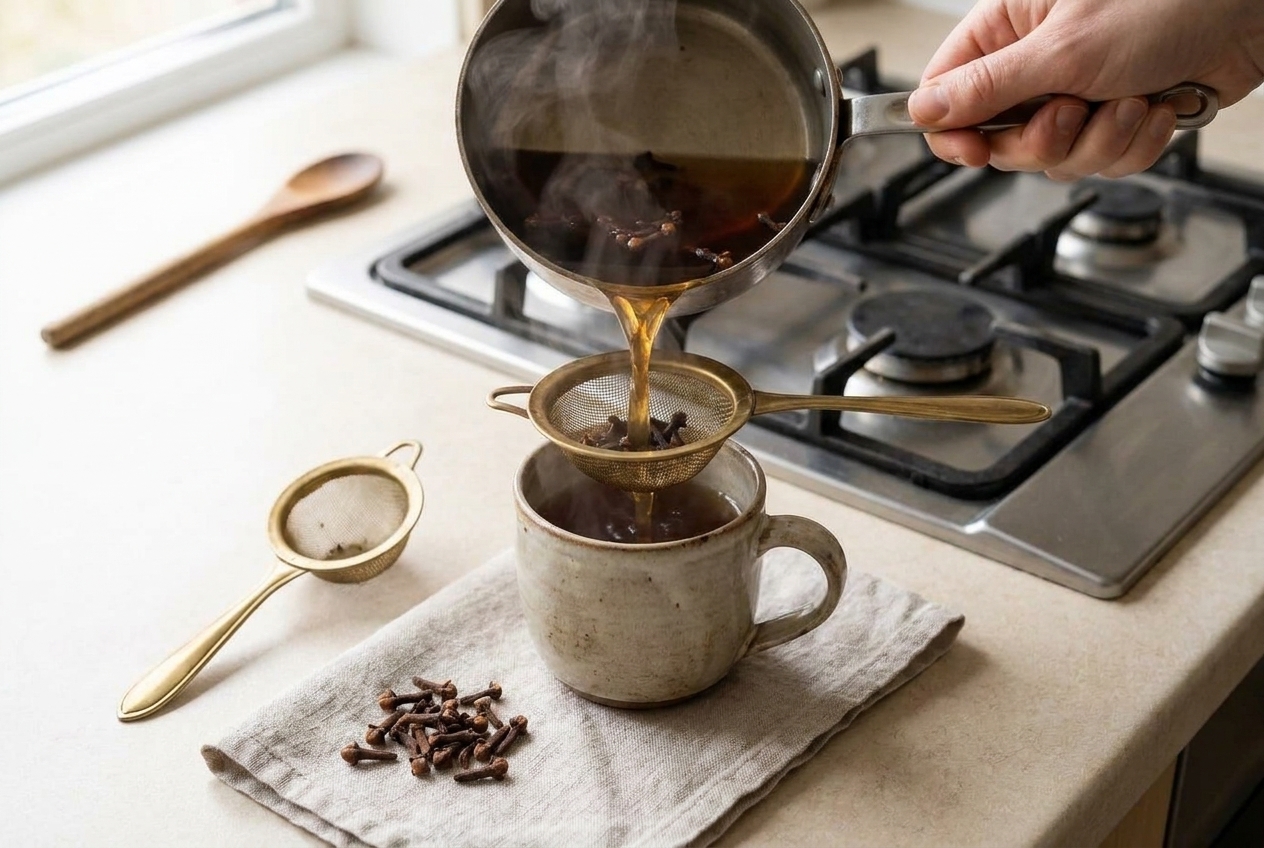 Clove tea being poured through a fine mesh strainer into a ceramic mug on a kitchen counter