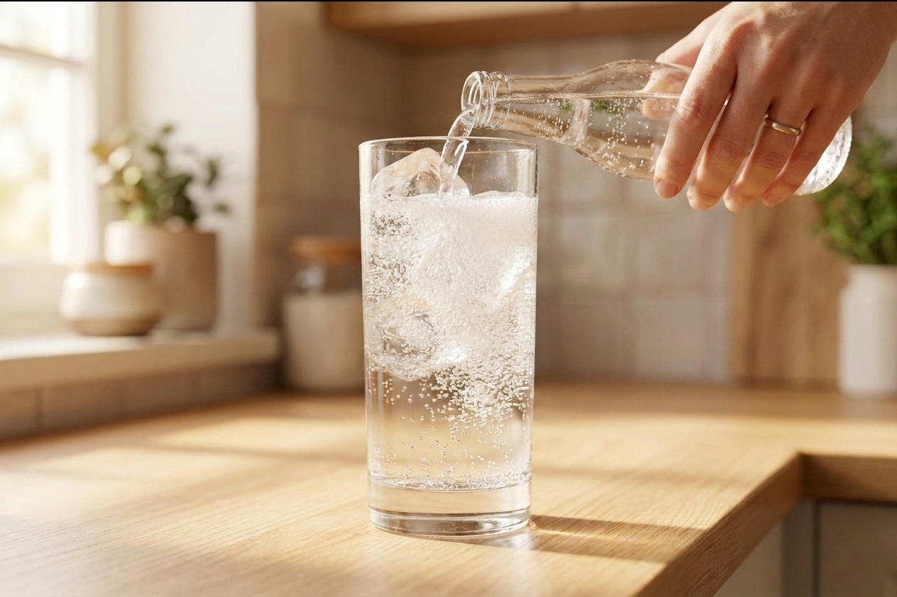 Club soda being poured into a highball glass with vodka and ice, bubbles rising in the glass