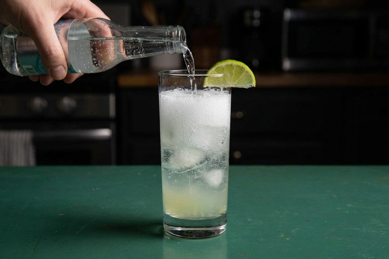 Club soda being poured into a tall glass with ice, gin, and lime juice as bubbles rise on a kitchen counter