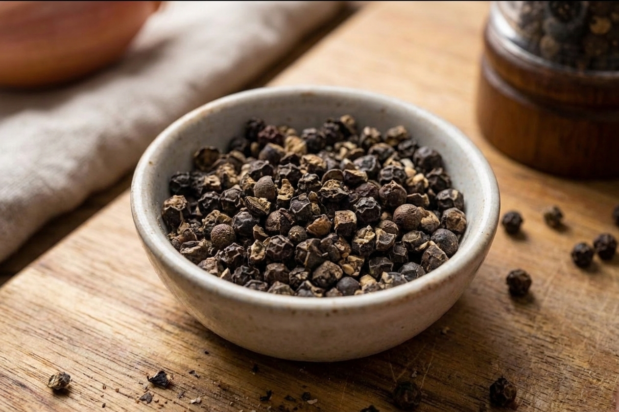 Coarsely cracked black peppercorns in a small bowl, with pieces mostly in halves and quarters