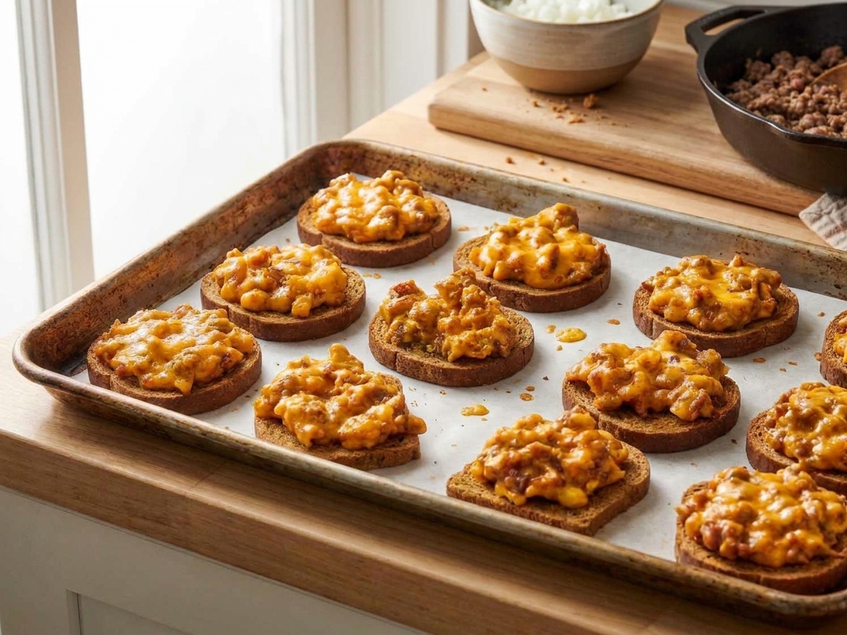 Cocktail rye bread rounds arranged in neat rows on a parchment-lined baking sheet on a kitchen counter