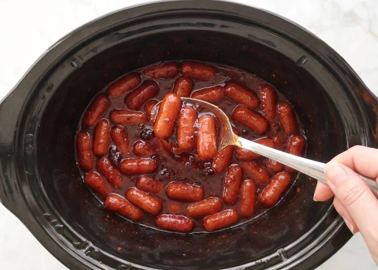 Cocktail sausages being stirred into a grape jelly and chili sauce mixture inside a slow cooker