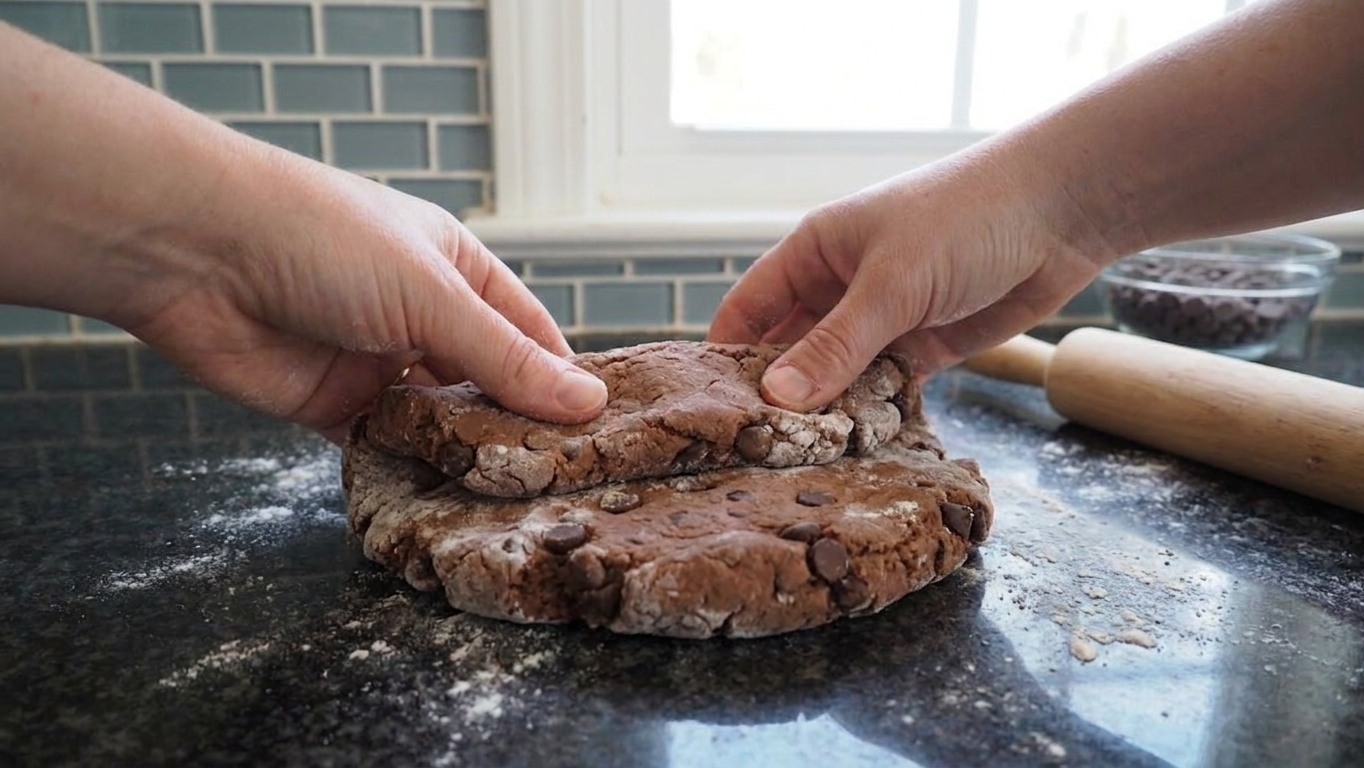 Cocoa biscuit dough being folded into thirds on a lightly floured countertop with chocolate chips visible
