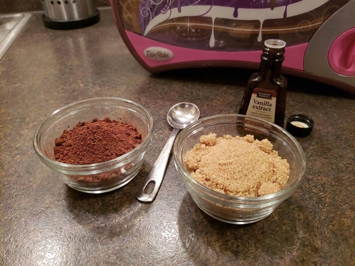 Cocoa powder and brown sugar measured in small bowls on a kitchen counter with a teaspoon and vanilla extract nearby