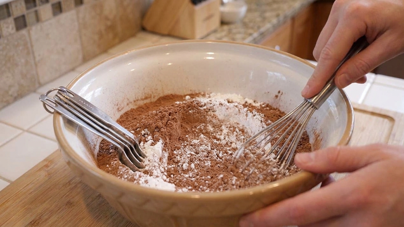 Cocoa powder and powdered sugar in a large bowl with measuring spoons on a kitchen counter