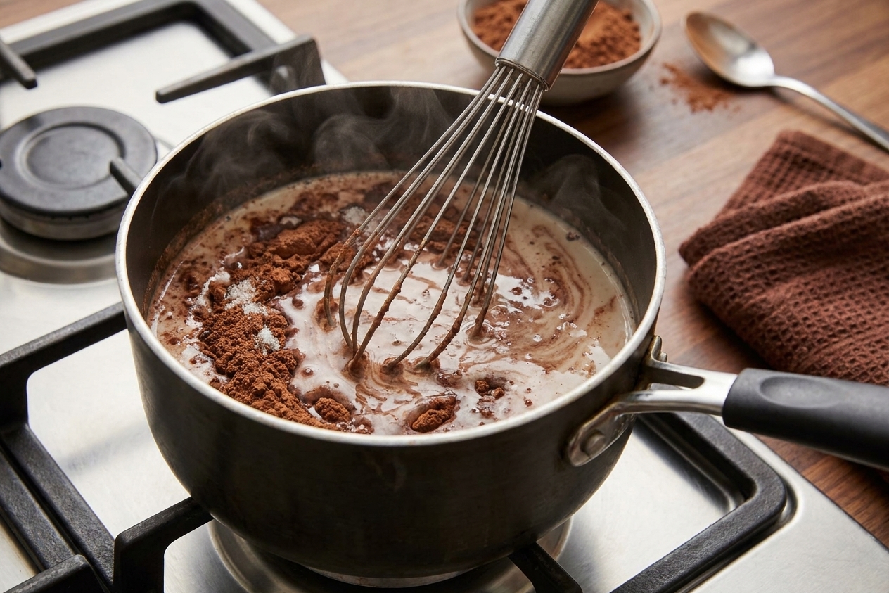 Cocoa powder and sugar being whisked into warm milk in a small saucepan on a stovetop