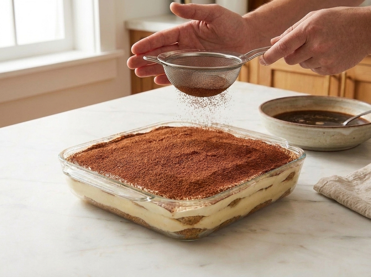 Cocoa powder being sifted through a fine-mesh sieve over a chilled tiramisu in a glass baking dish on a kitchen counter
