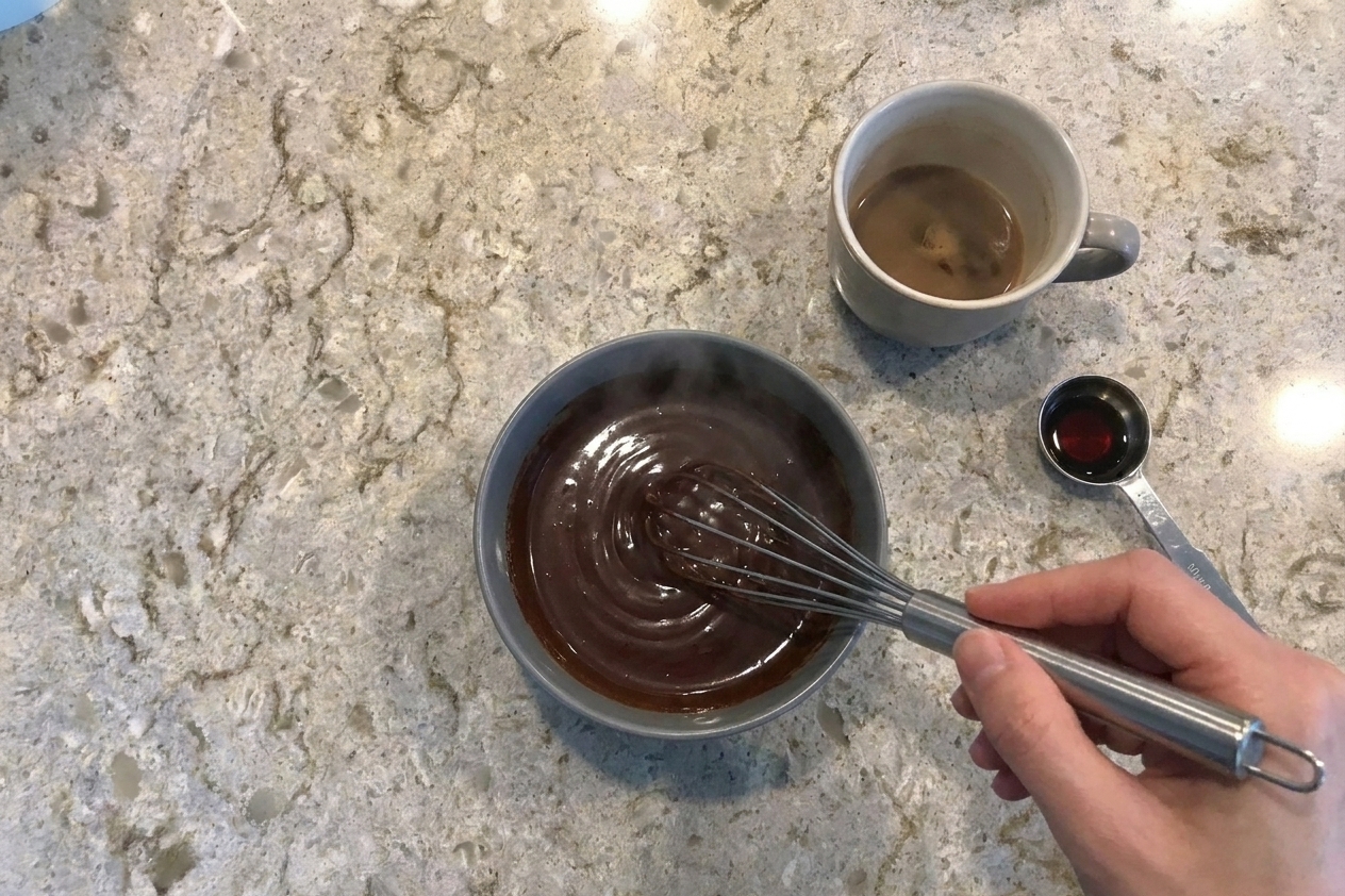 Cocoa powder being whisked with hot coffee in a small bowl until smooth and glossy