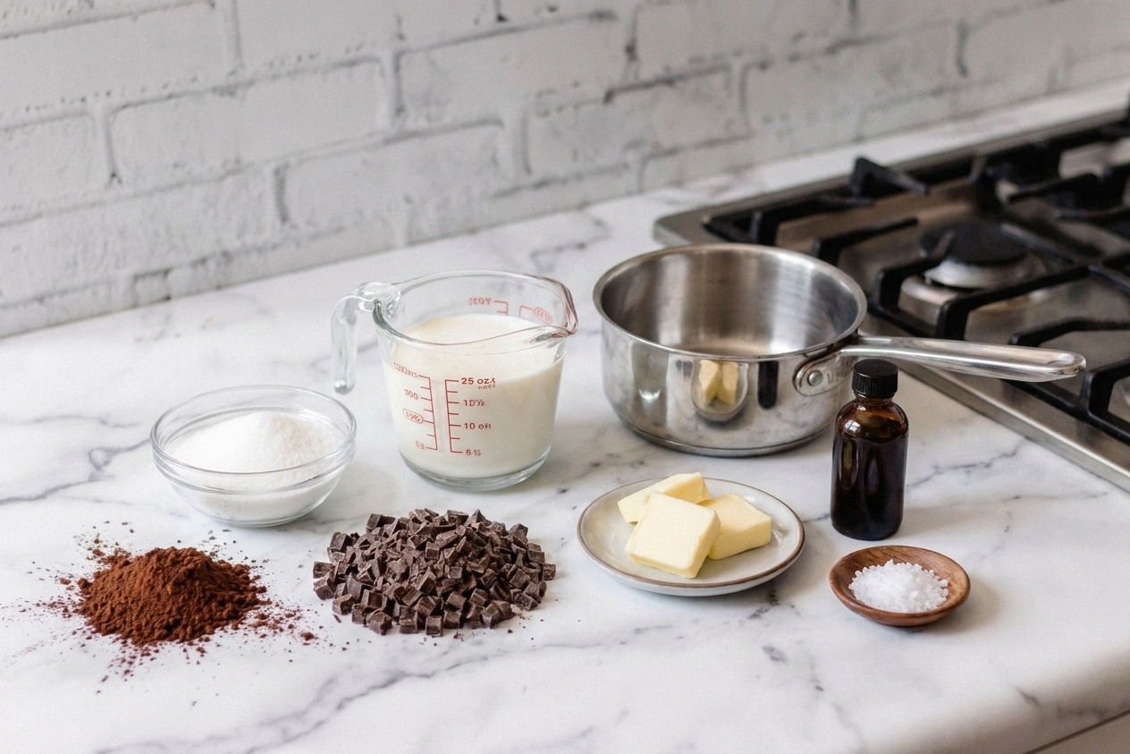 Cocoa powder, chopped chocolate, sugar, cream, butter, vanilla, and salt arranged on a clean kitchen counter with a small saucepan nearby