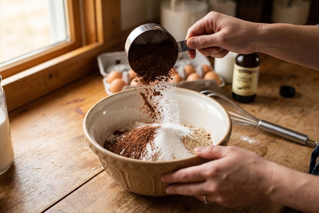 Cocoa powder, flour, and sugars being added into a large mixing bowl on a kitchen counter with even, warm lighting