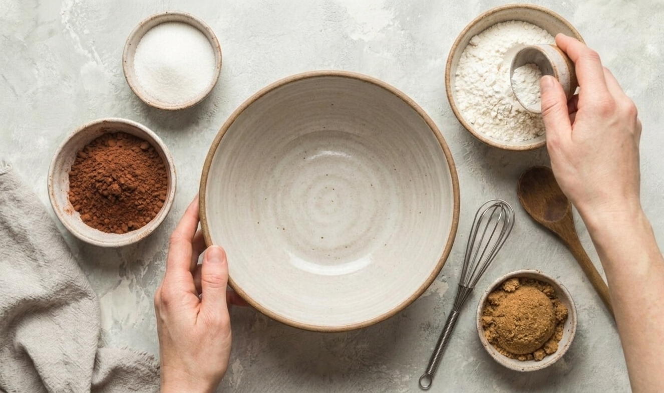 Cocoa powder, flour, and sugars measured in small bowls next to a large mixing bowl on a kitchen counter