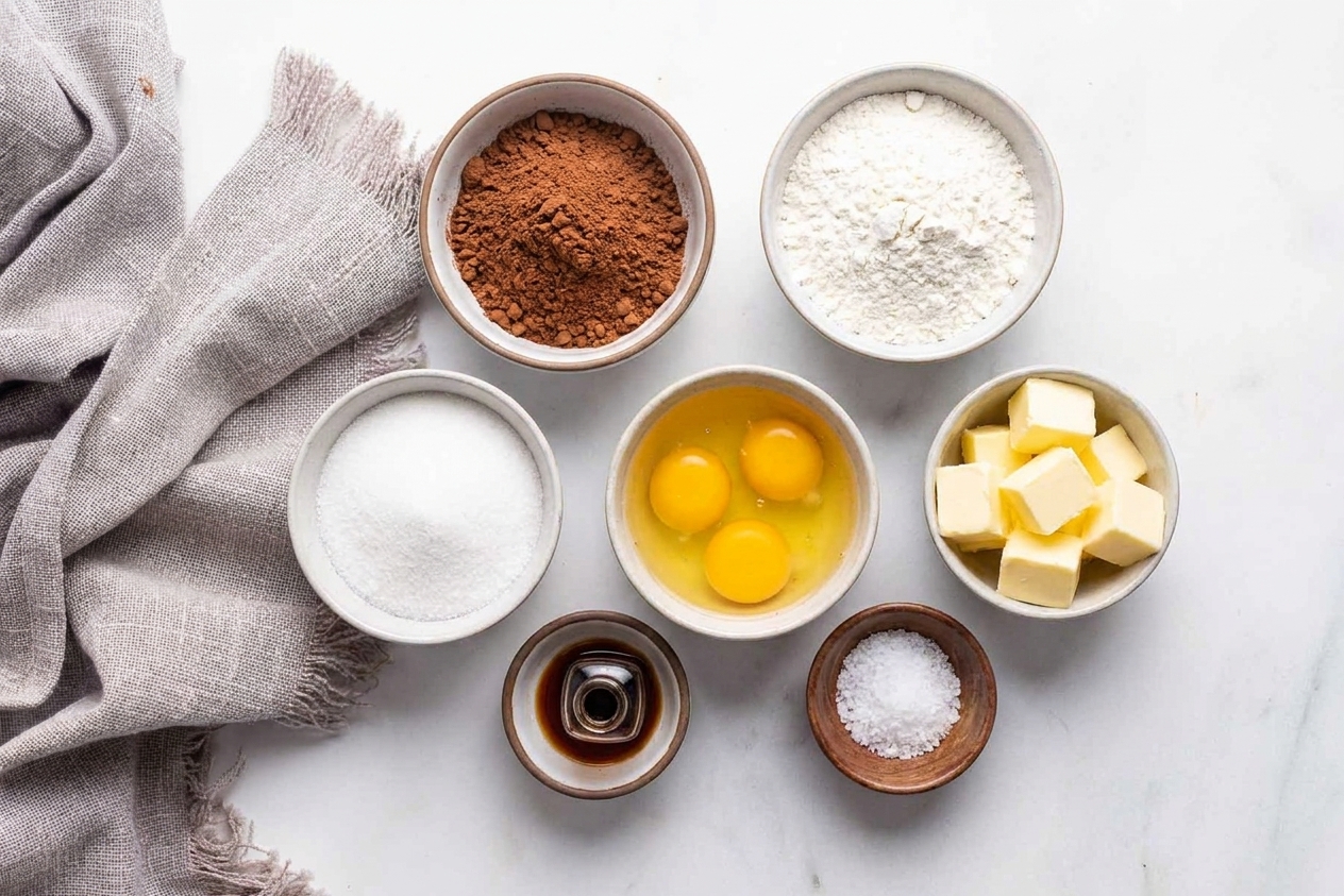 Cocoa powder, flour, sugar, eggs, butter, vanilla, and salt measured out in small bowls on a tidy kitchen counter