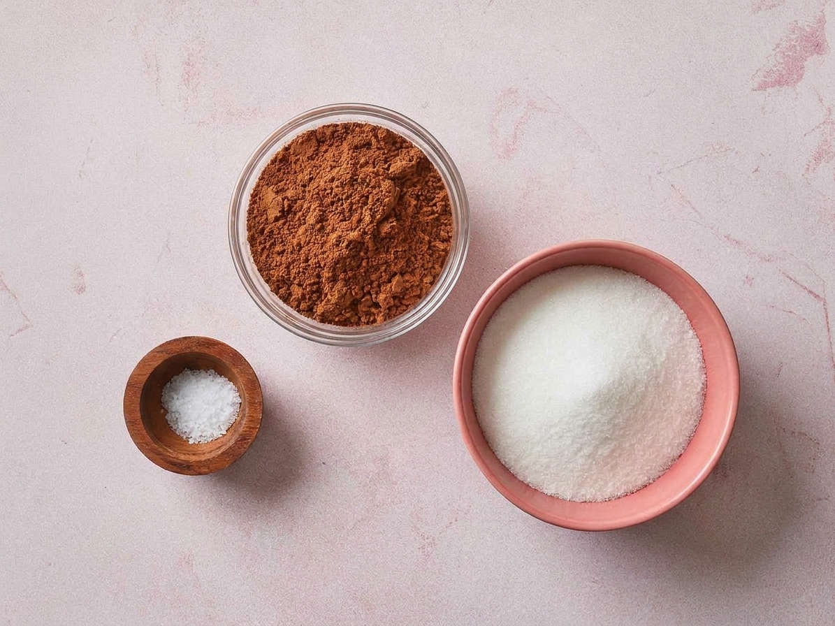 Cocoa powder, granulated sugar, and a pinch of salt measured into small bowls on a light colored kitchen counter