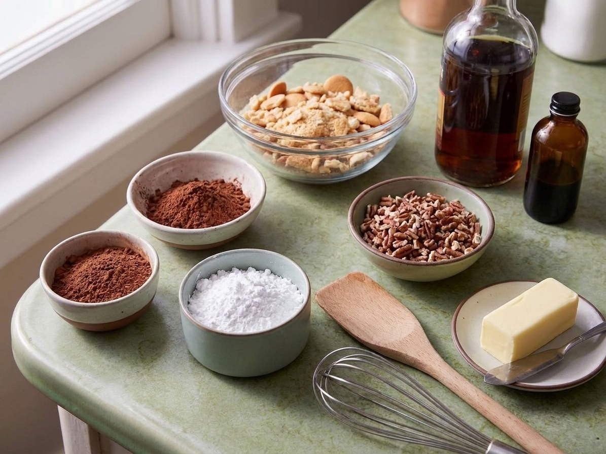 Cocoa powder, powdered sugar, crushed vanilla wafers, chopped pecans, butter, rum, and vanilla set out on a clean kitchen counter in natural light