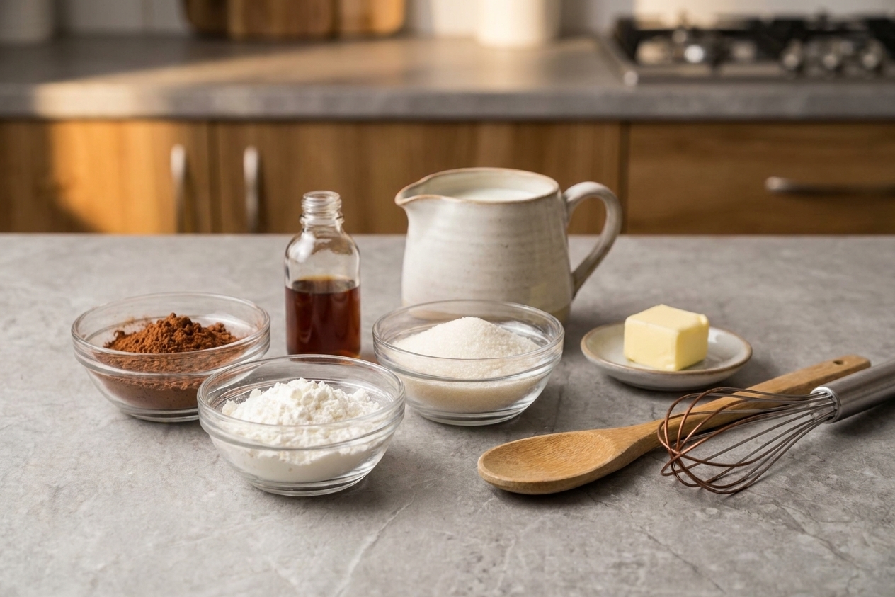 Cocoa powder, sugar, cornstarch, milk, butter, and vanilla measured and arranged on a clean kitchen counter.