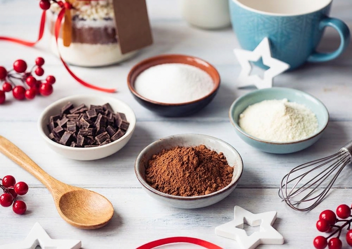 Cocoa powder, sugar, powdered milk, and chopped chocolate laid out on a kitchen counter ready to be mixed