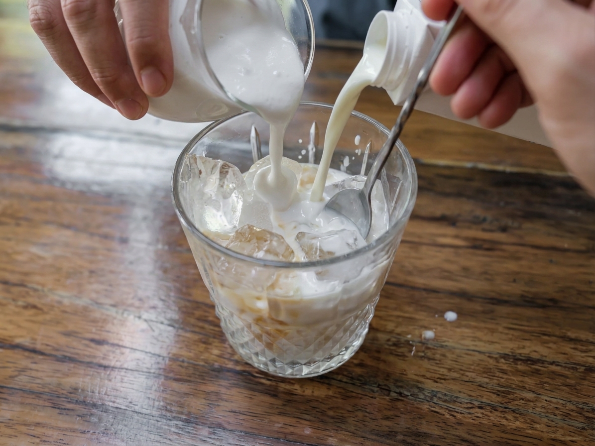 Coconut cream and half-and-half being added to an ice-filled glass, with a spoon stirring on a kitchen counter