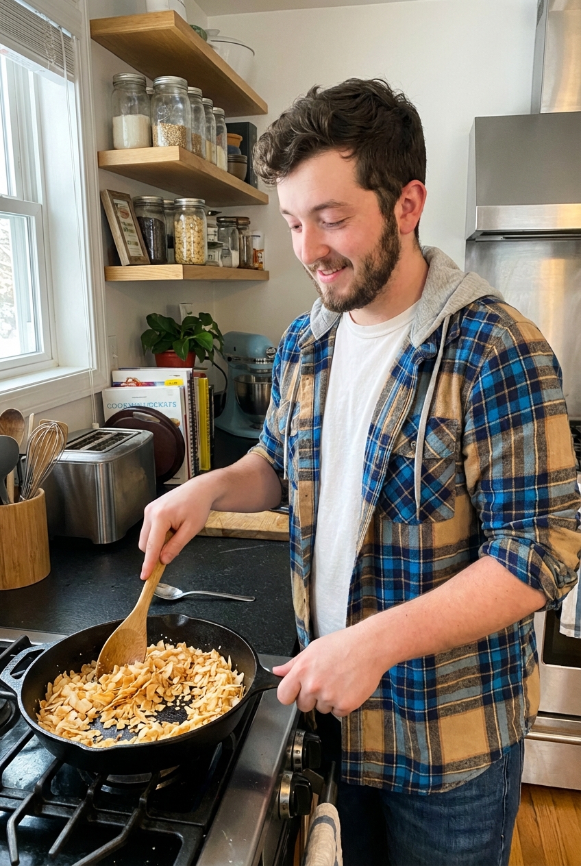 Coconut flakes toasting in a skillet with a wooden spoon stirring them