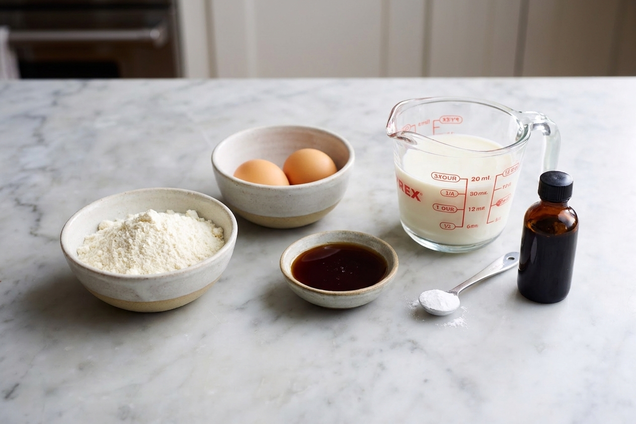 Coconut flour, eggs, milk, maple syrup, baking powder, and vanilla measured out on a clean kitchen counter