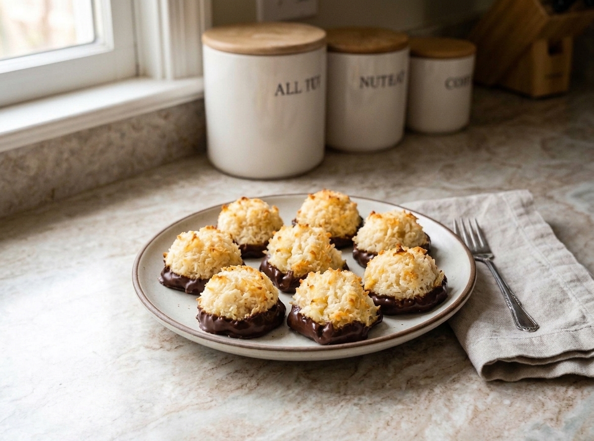 Coconut macaroon biscuits with set dark chocolate bottoms arranged on a plate on a kitchen table, ready to serve