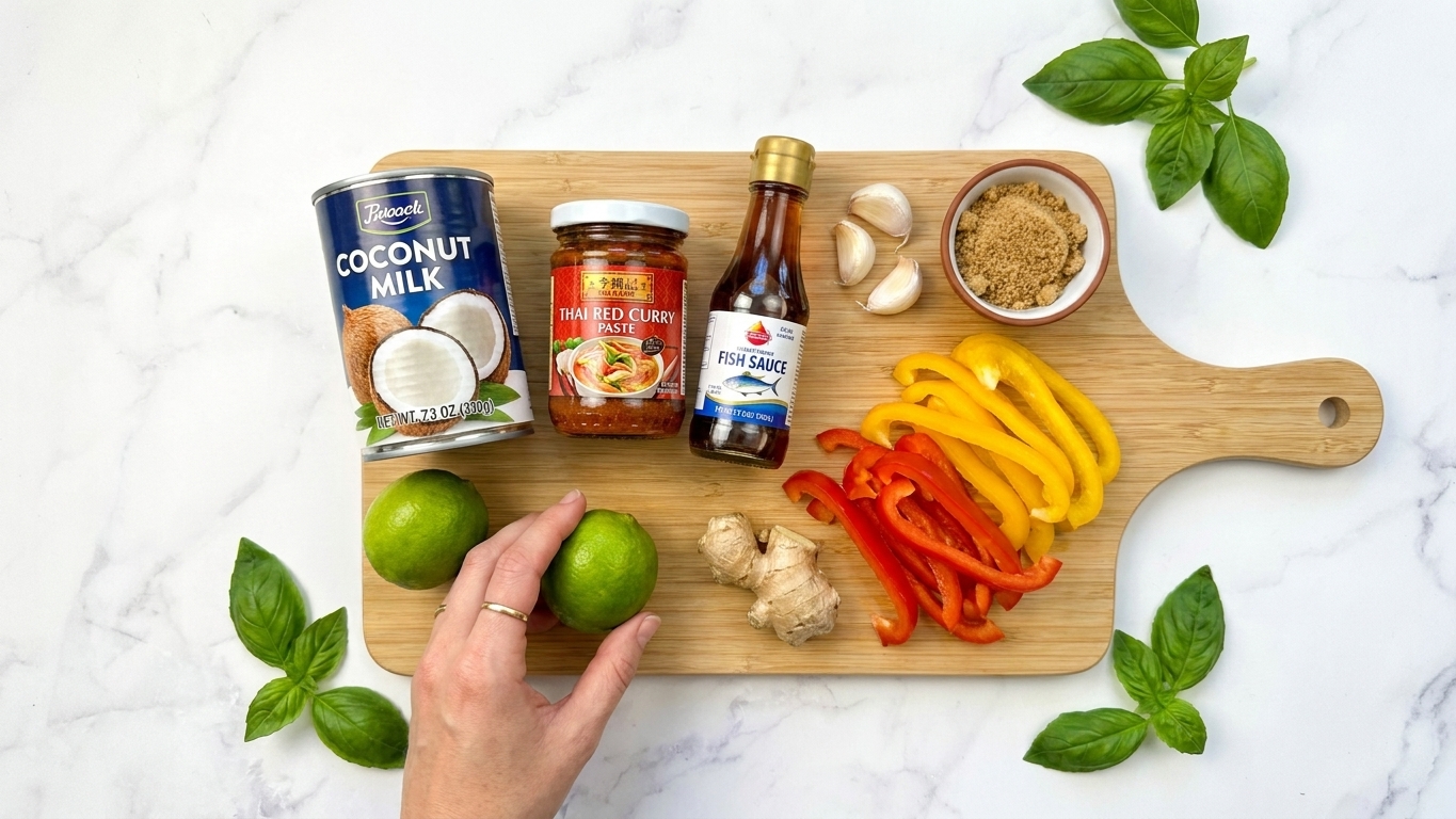 Coconut milk, Thai red curry paste, fish sauce, brown sugar, lime, garlic, ginger, and sliced bell peppers arranged on a clean kitchen counter