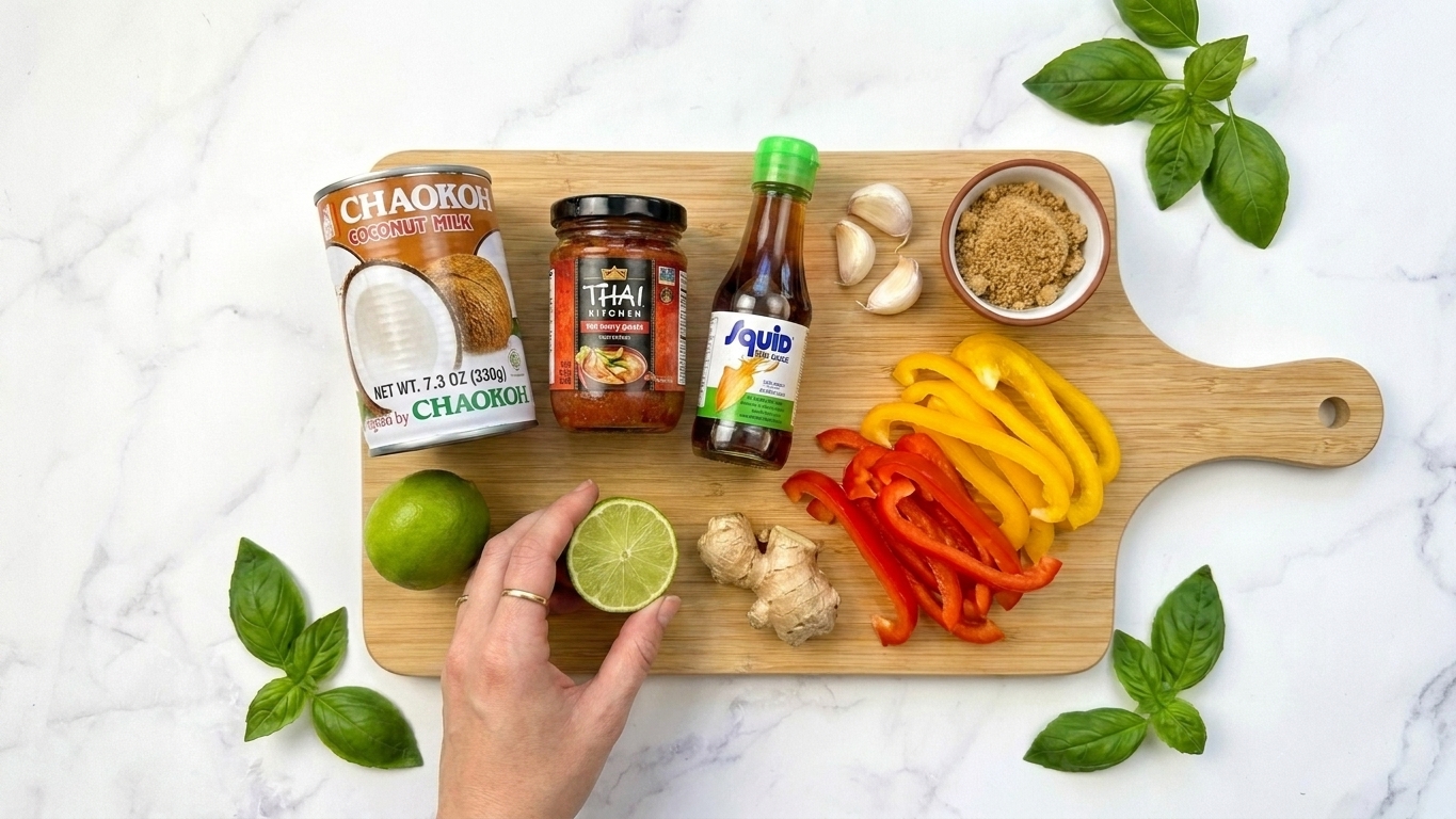 Coconut milk, Thai red curry paste, fish sauce, brown sugar, lime, garlic, ginger, and sliced bell peppers arranged on a clean kitchen counter