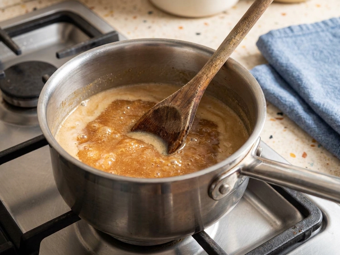 Coconut milk and brown sugar gently simmering in a small saucepan on the stove, stirred with a wooden spoon