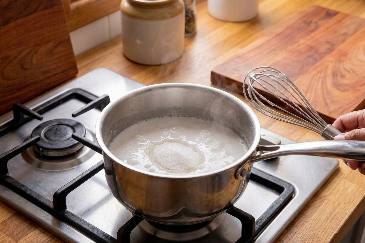 Coconut milk and sugar gently warming in a small saucepan on a stovetop with a whisk resting nearby, warm home kitchen lighting