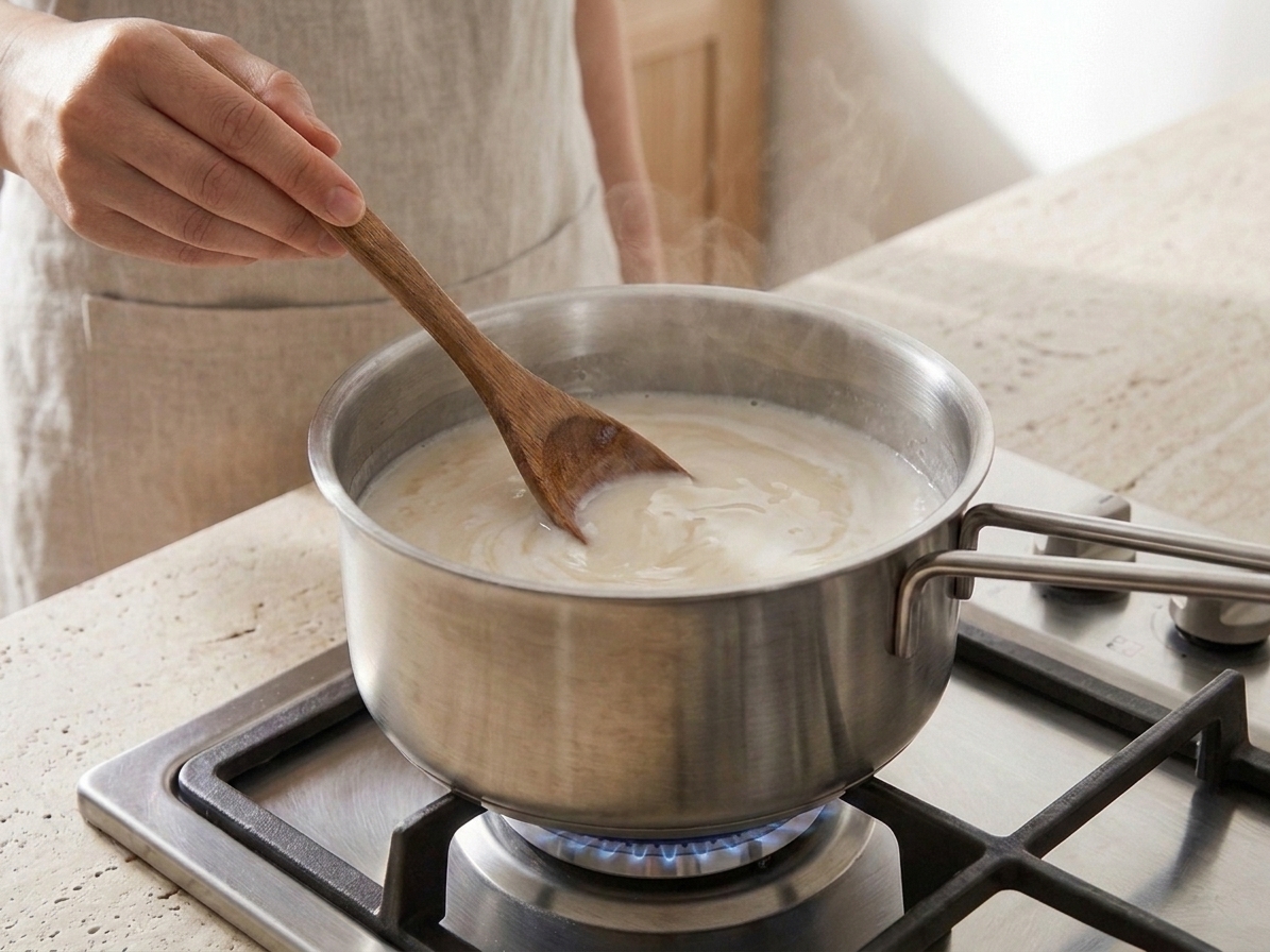 Coconut milk and sugar warming together in a saucepan, stirred until smooth