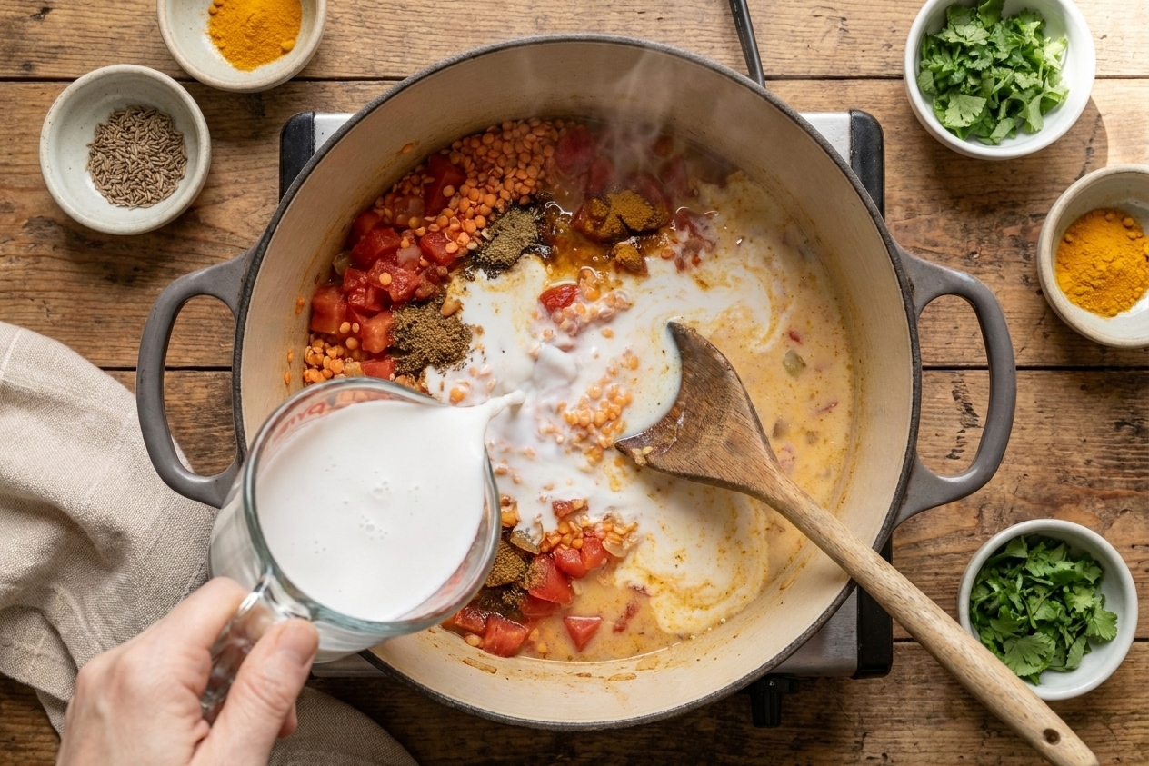 Coconut milk being poured into a pot with red lentils and spices, creating a creamy pale orange mixture on the stove