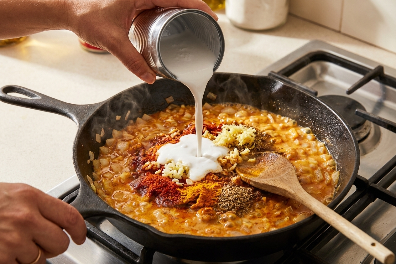 Coconut milk being poured into a skillet with sautéed onions and spices, creating a creamy orange curry base