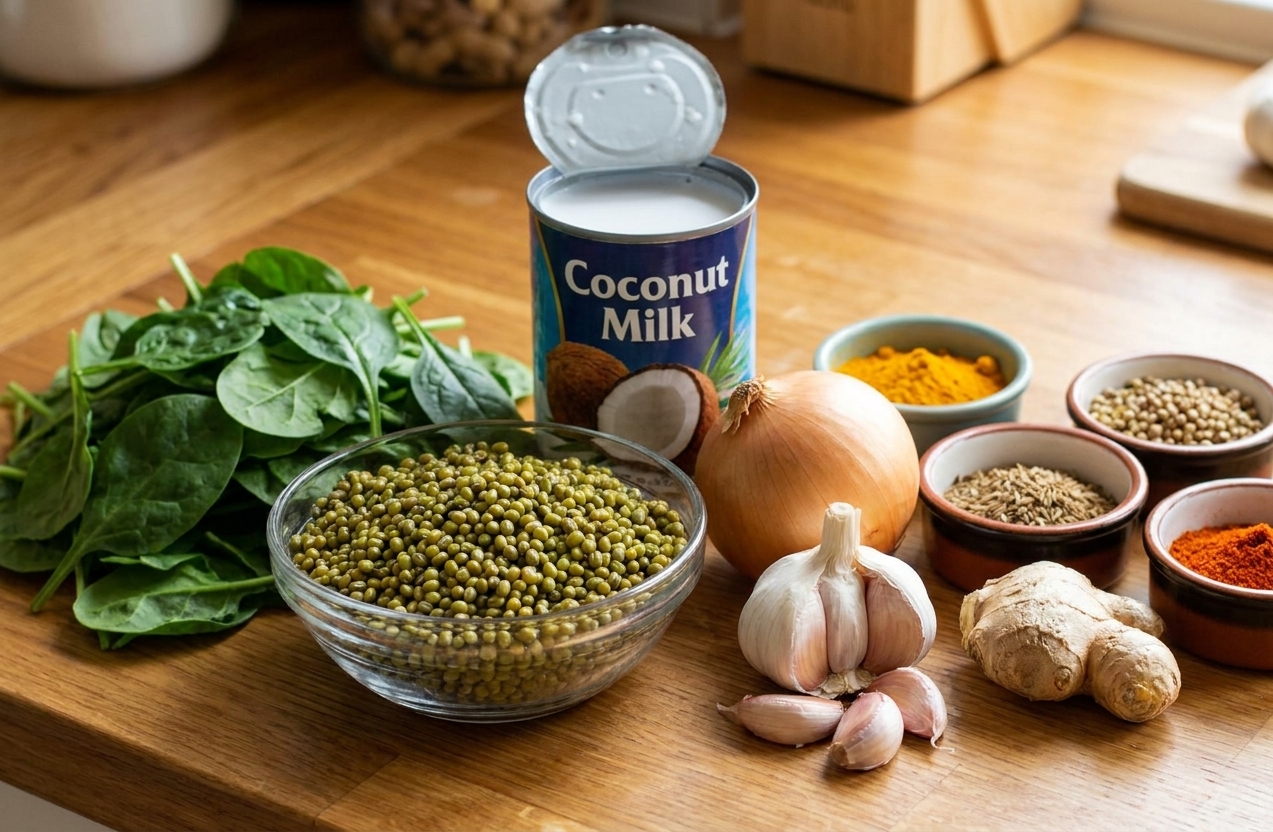 Coconut milk can, fresh spinach, rinsed mung beans, onion, garlic, ginger, and small bowls of spices arranged on a kitchen counter