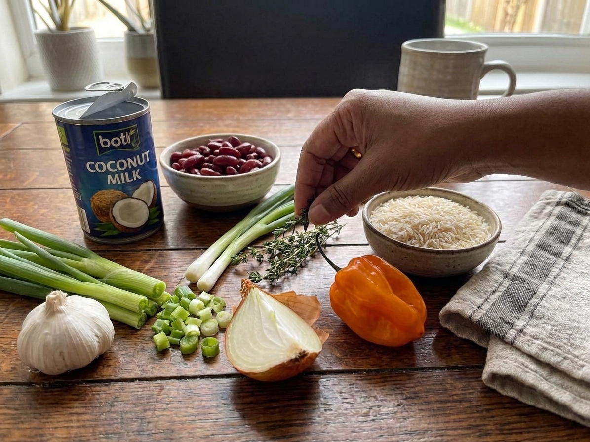 Coconut milk, canned kidney beans, scallions, thyme, garlic, onion, long-grain rice, and a whole Scotch bonnet arranged on a light kitchen counter