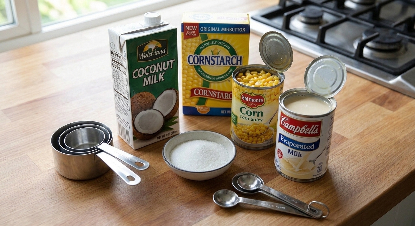 Coconut milk, cornstarch, canned corn, sugar, and a can of evaporated milk arranged on a bright kitchen counter with measuring cups