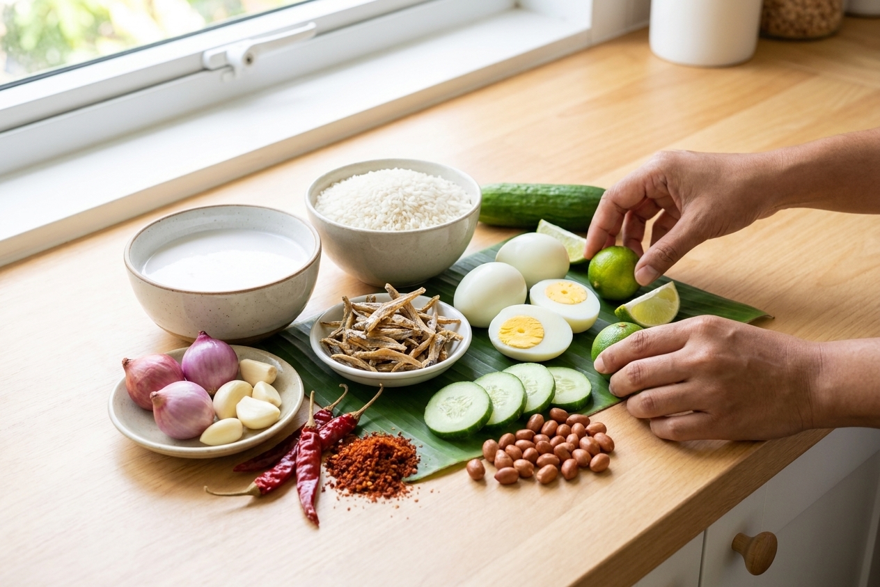 Coconut milk, jasmine rice, shallots, garlic, dried chilies, anchovies, eggs, cucumber, peanuts, and lime arranged on a clean kitchen counter in bright natural light
