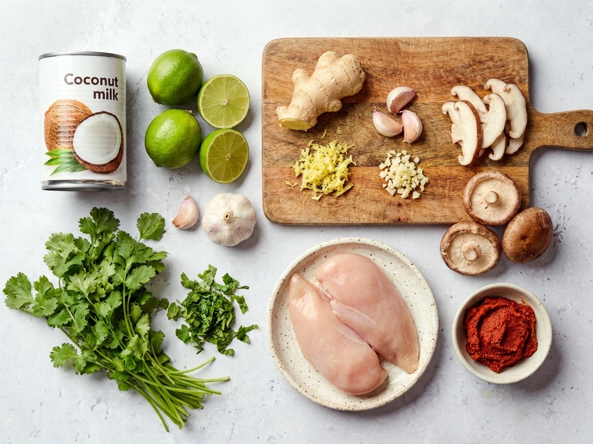 Coconut milk, lime, ginger, garlic, mushrooms, chicken, cilantro, and red curry paste arranged on a clean kitchen counter in natural light