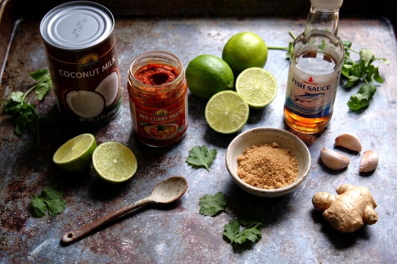 Coconut milk, red curry paste, lime, fish sauce, brown sugar, garlic, and ginger arranged on a clean kitchen counter