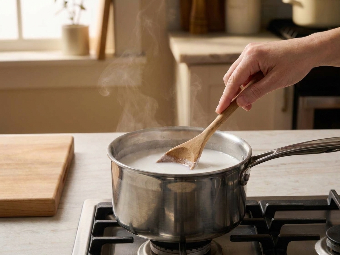 Coconut milk, sugar, and salt being stirred in a small saucepan on a stovetop with gentle steam