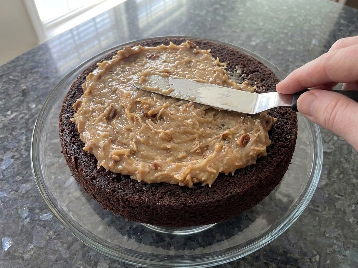 Coconut-pecan frosting being spread onto a chocolate cake layer on a cake stand