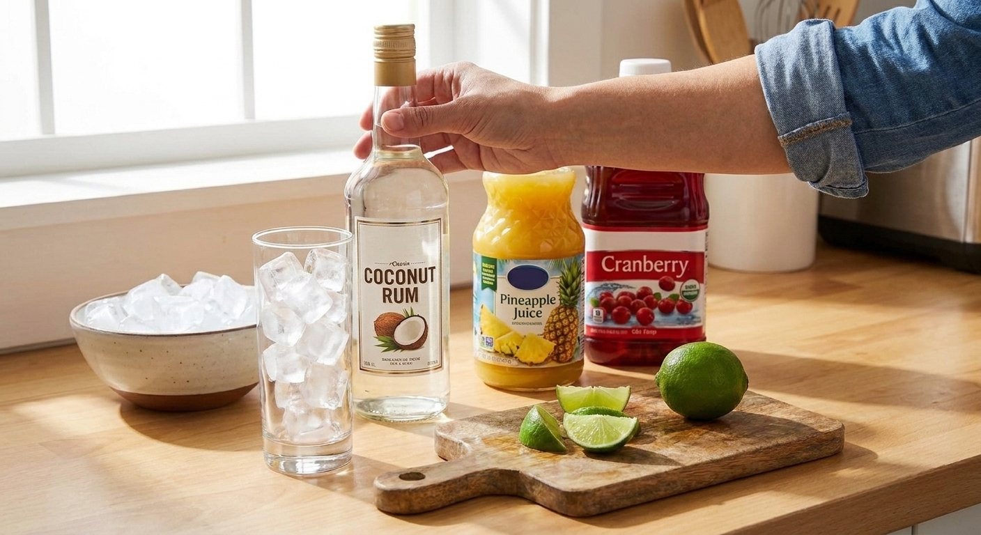 Coconut rum, pineapple juice, cranberry juice, a lime, and a glass of ice arranged on a clean kitchen counter with warm natural light