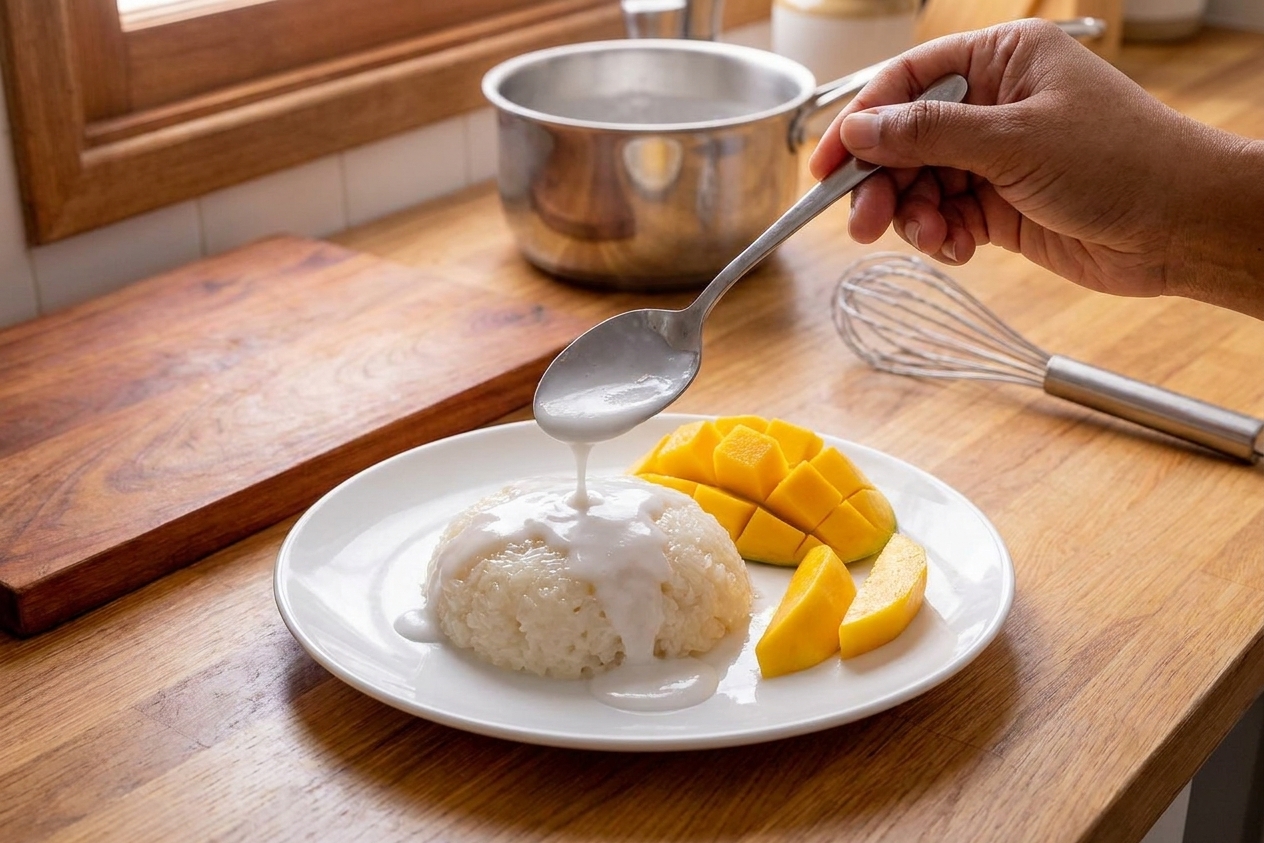Coconut sauce being drizzled from a spoon over a mound of sticky rice next to sliced mango on a plate, close-up on a light wood table with natural window light