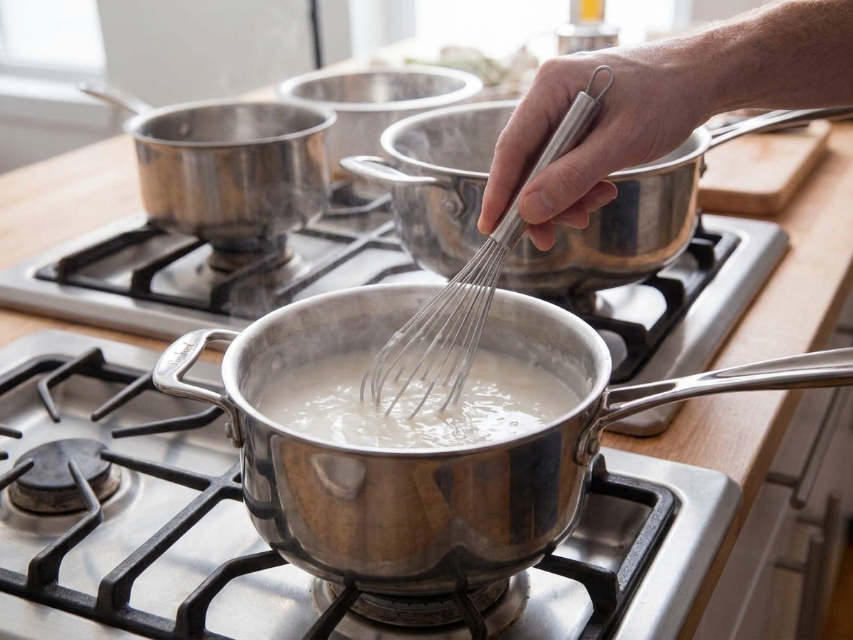Coconut sauce being whisked in a small saucepan on a stovetop until slightly thick and glossy